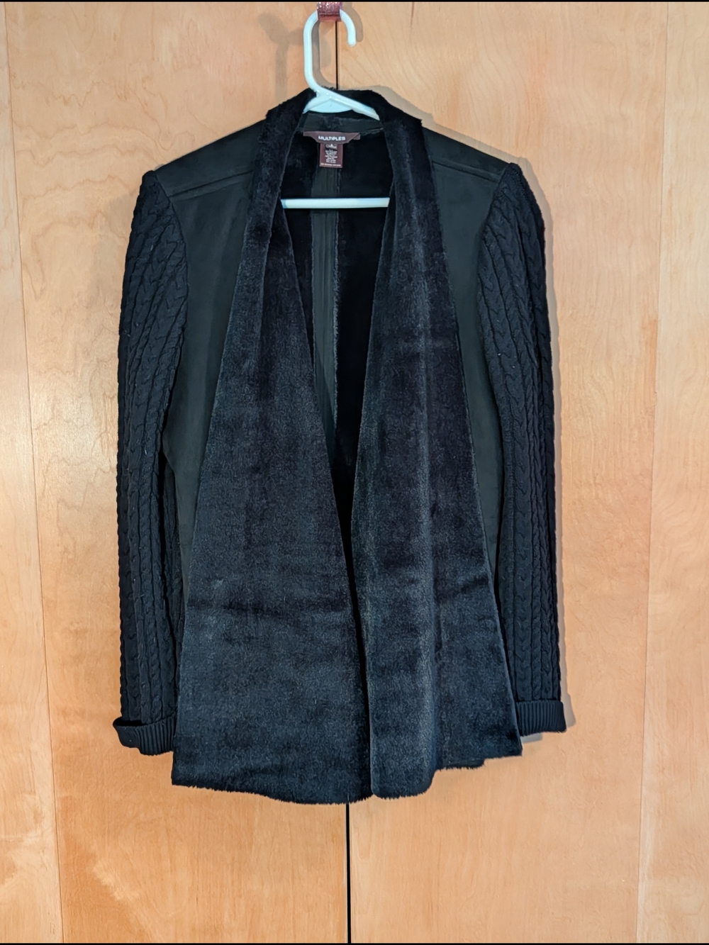 Multiples Black Faux-Shearling Open Front Jacket with Knit Sleeves